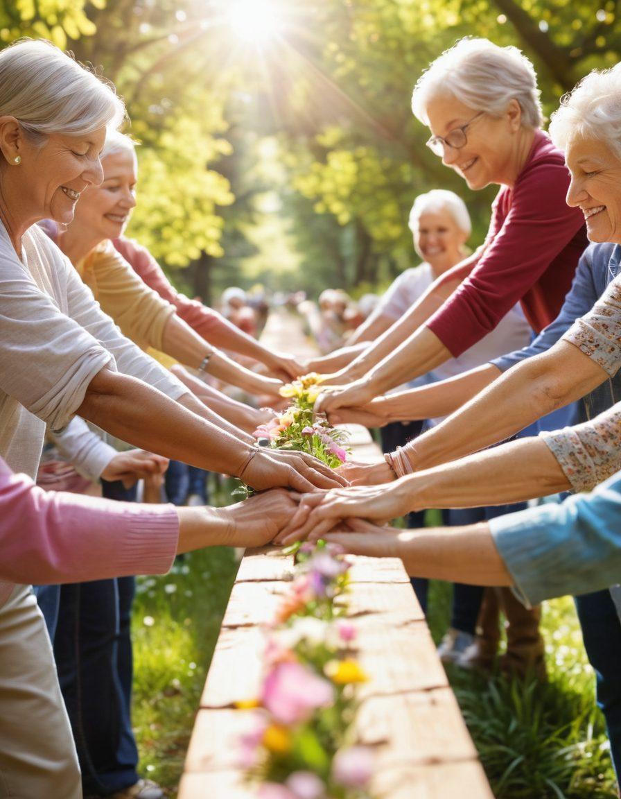 A strong, diverse group of cancer survivors and community volunteers collaboratively building a symbolic bridge, with sunlit trees and flowers in the background. Show a sense of unity, hope, and resilience, with each person representing different backgrounds and ages. Incorporate elements of support and care, like hands reaching towards each other. soft focus. vibrant colors. inspirational atmosphere.