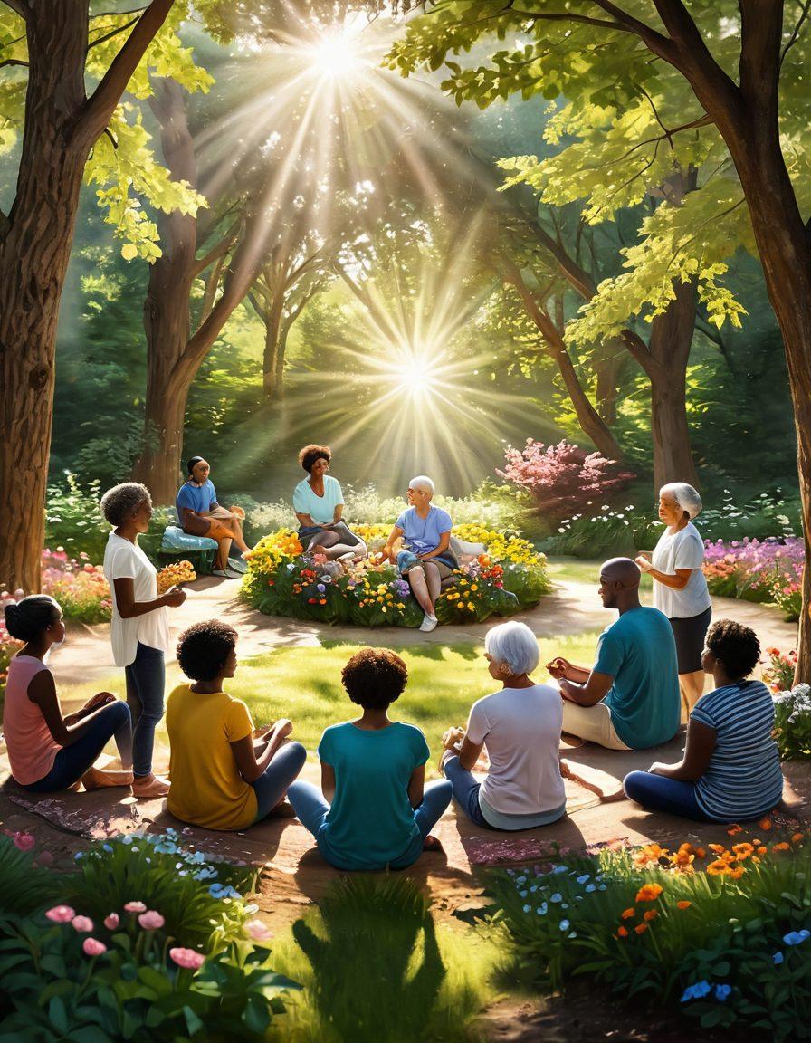 A warm, inviting scene of diverse individuals sharing their personal cancer journeys in a circle, surrounded by nature. Incorporate elements like blooming flowers symbolizing hope and support, with rays of sunlight breaking through the trees above. Add soft, comforting colors to evoke a sense of community and healing. super-realistic. vibrant colors. natural light.